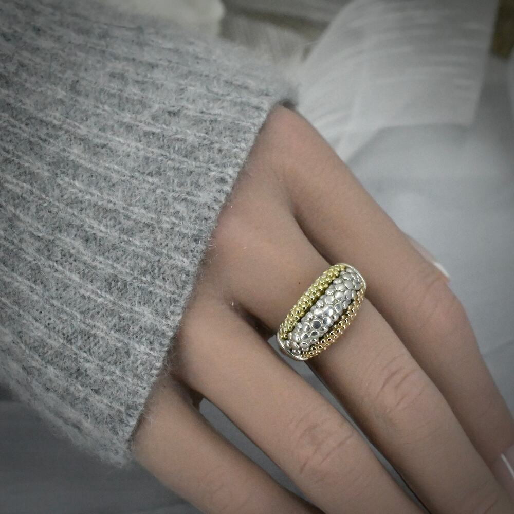 LAGOS Caviar Tri-Color 18k Yellow And Rose Gold 925 Sterling Silver Ring Size 7